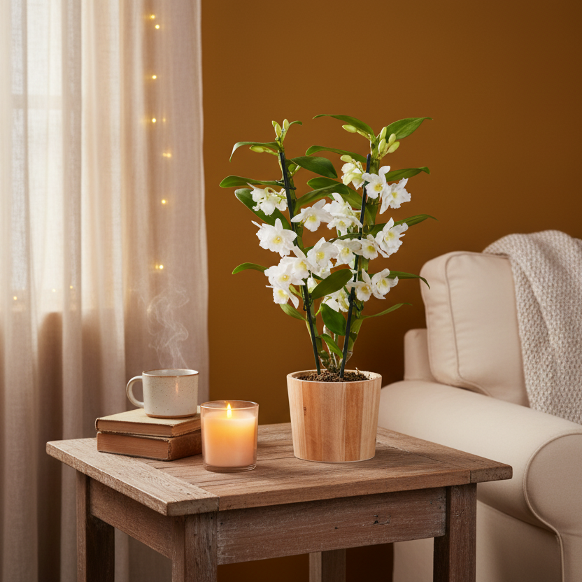 White Dendrobium 2 Stem Orchid Plant