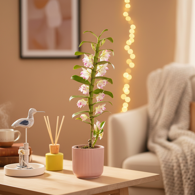 Pink Dendrobium 1 Stem Orchid Plant