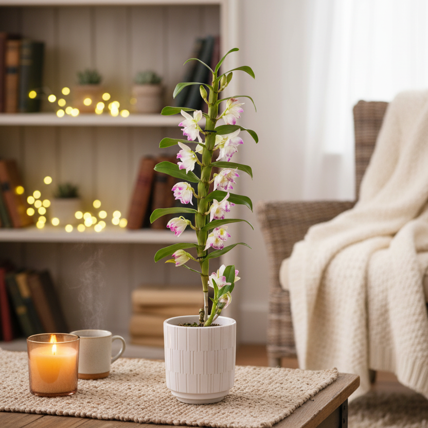Pink Dendrobium 1 Stem Orchid Plant