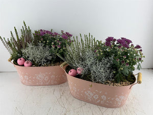 Mixed Colour Floral Arrangement in Oval Zinc Planter