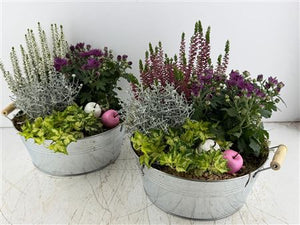 Mixed Colour Floral Arrangement in Round Zinc Pot