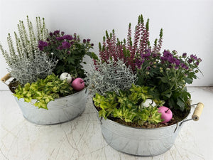 Mixed Colour Floral Arrangement in Round Zinc Pot