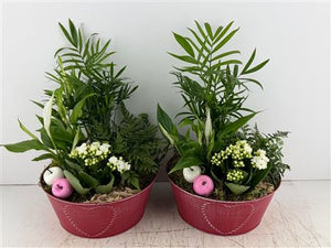Mixed Flower Arrangement in Round Zinc Pot with Heart