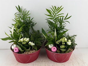 Mixed Flower Arrangement in Round Zinc Pot with Heart