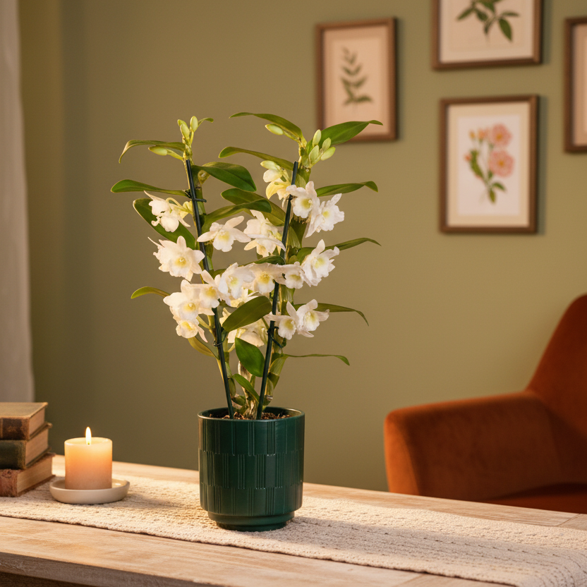 White Dendrobium 2 Stem Orchid Plant