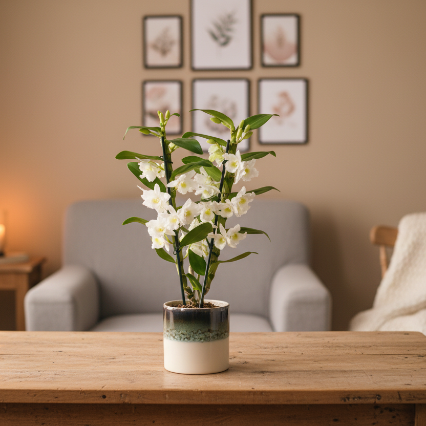 White Dendrobium 2 Stem Orchid Plant