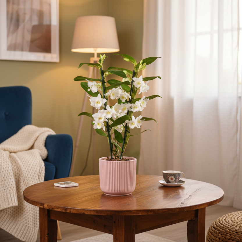 White Dendrobium 2 Stem Orchid Plant