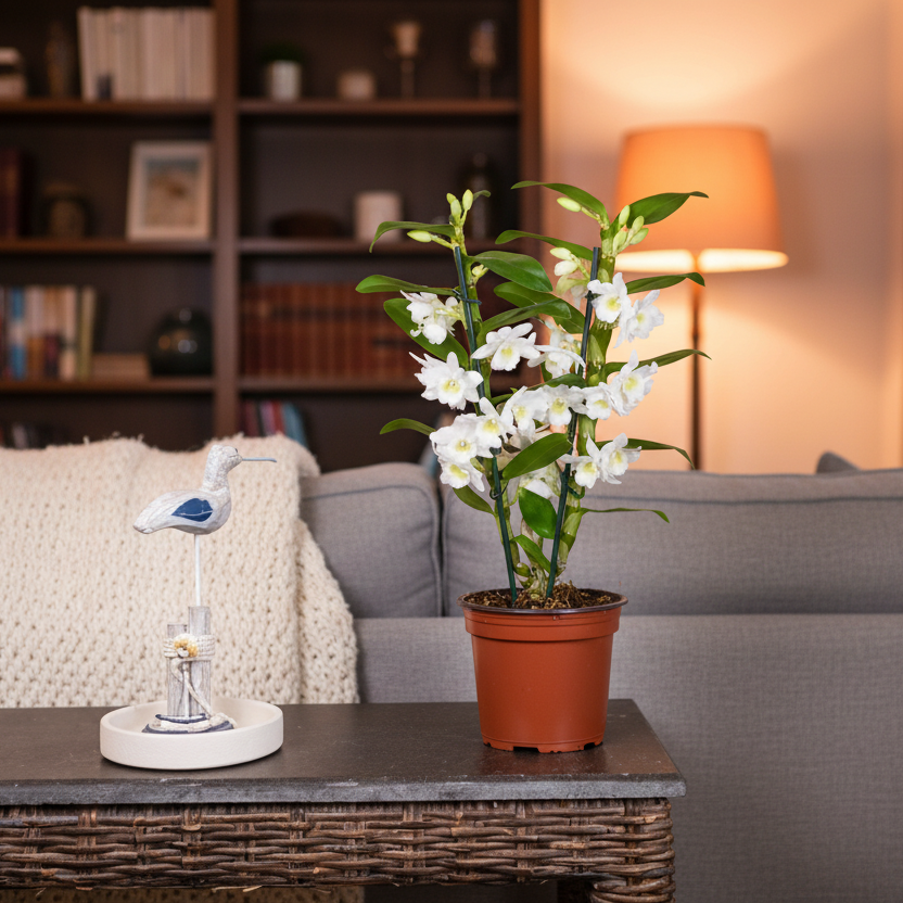 White Dendrobium 2 Stem Orchid Plant