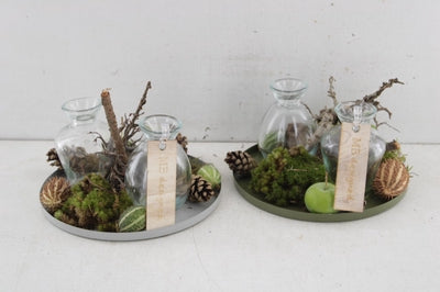 Zinc Arrangement with Two Glass Bottles – 18cm