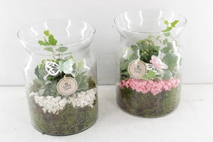 Rose and White Plant Arrangement in Glass Vase – 19cm