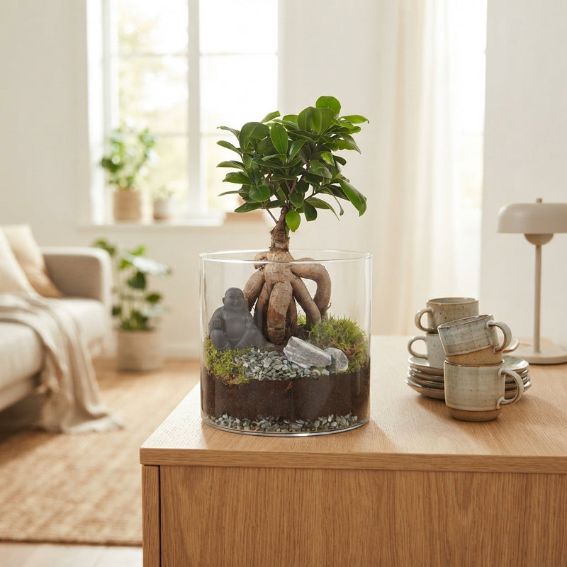 Ficus Ginseng Bonsai in Glass Vase – 19cm
