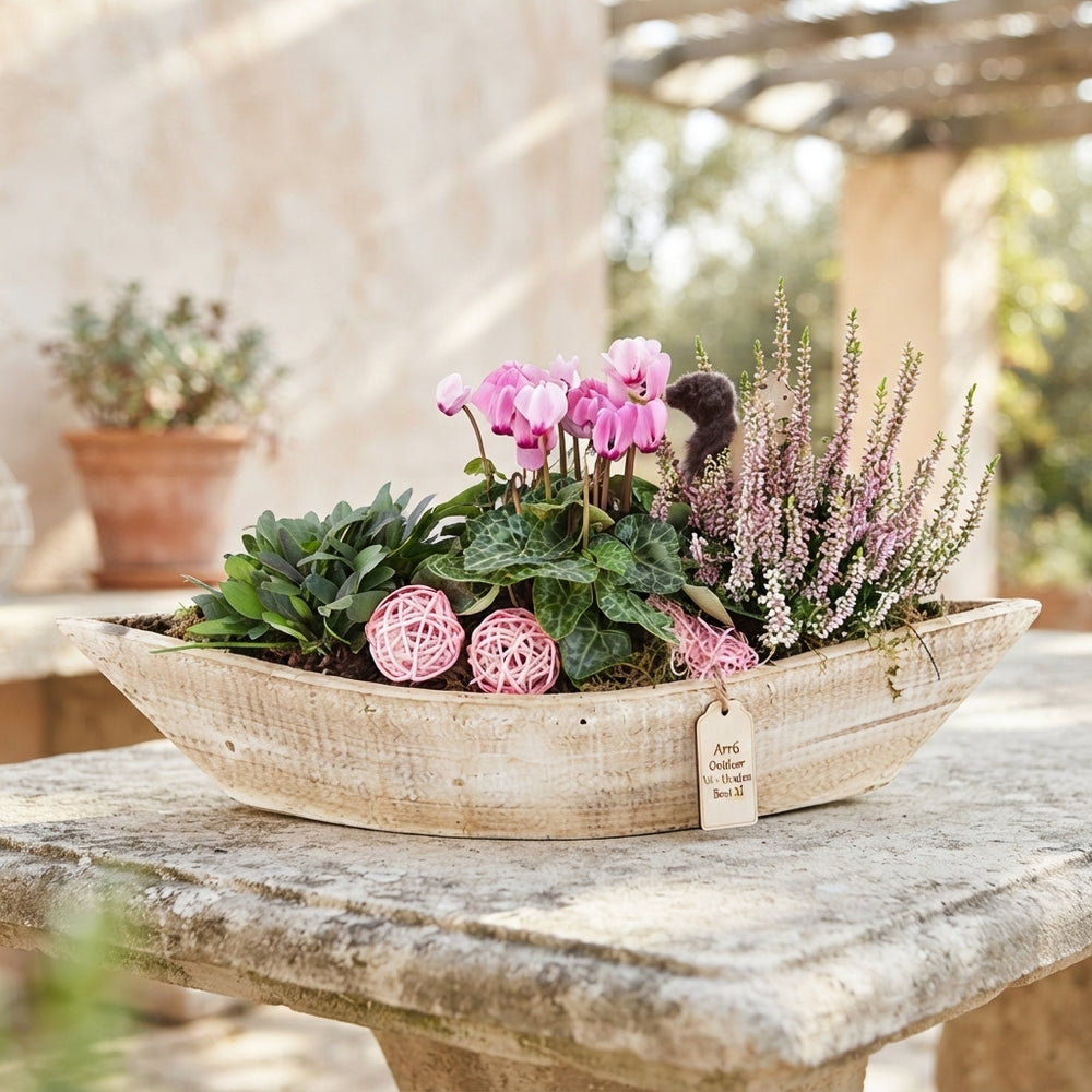 Outdoor Arrangement in Extra-Large Wooden Boat – 56cm