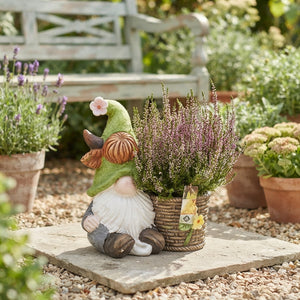 Outdoor Green Hat Gnome Arrangement with Basket – 28cm Ceramic Pot
