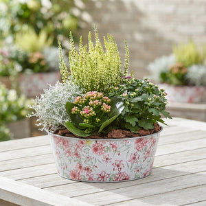 Outdoor Green Arrangement in Oval Zinc Planter – 28cm