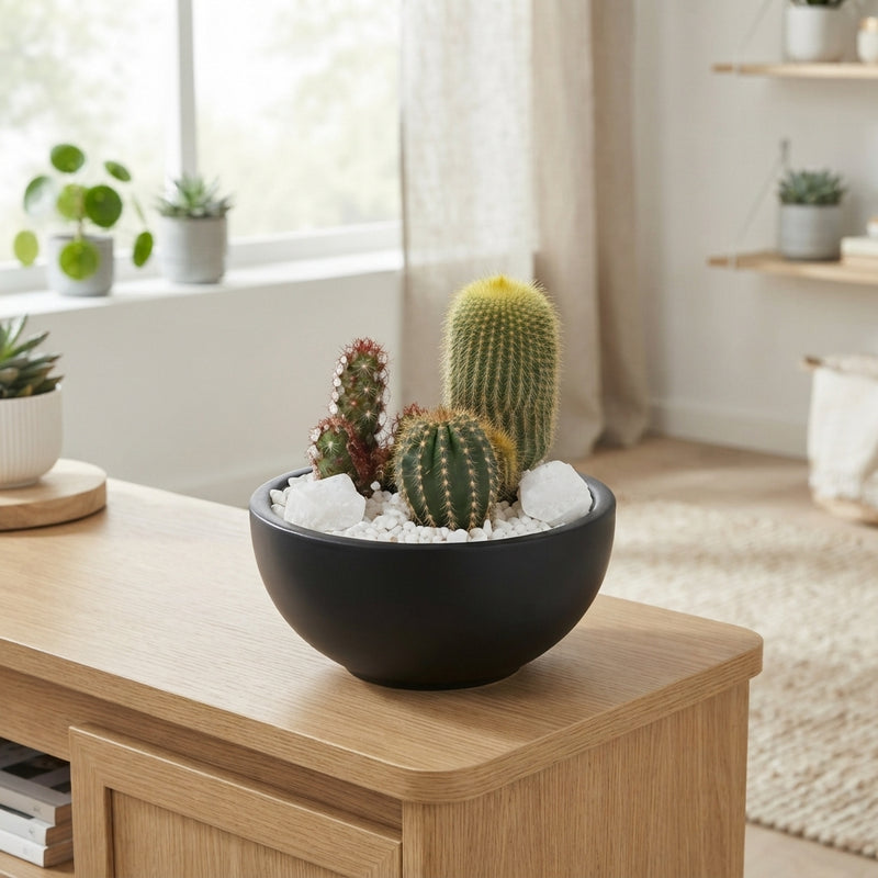 Mixed Cactus Arrangement in Black Ceramic Bowl – 15cm