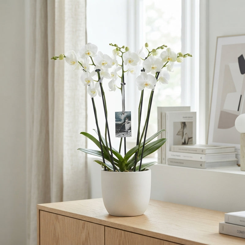 White Phalaenopsis Orchid ‘Goddes’ – 5 Stem, 12cm Pot