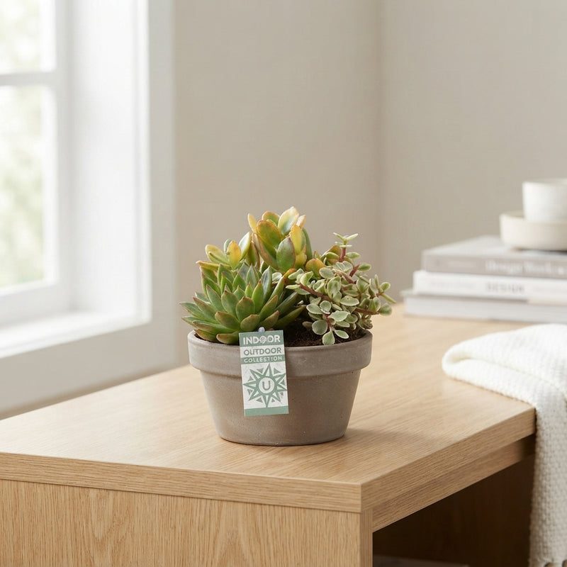 Mixed Succulent Arrangement in Grey Ceramic Pot – 17cm