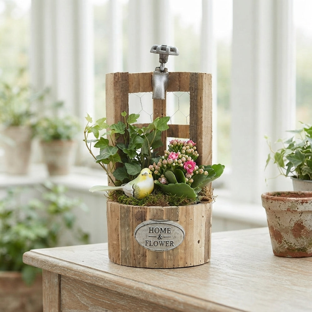 Watering Can Plant Arrangement – 17cm Wooden Pot