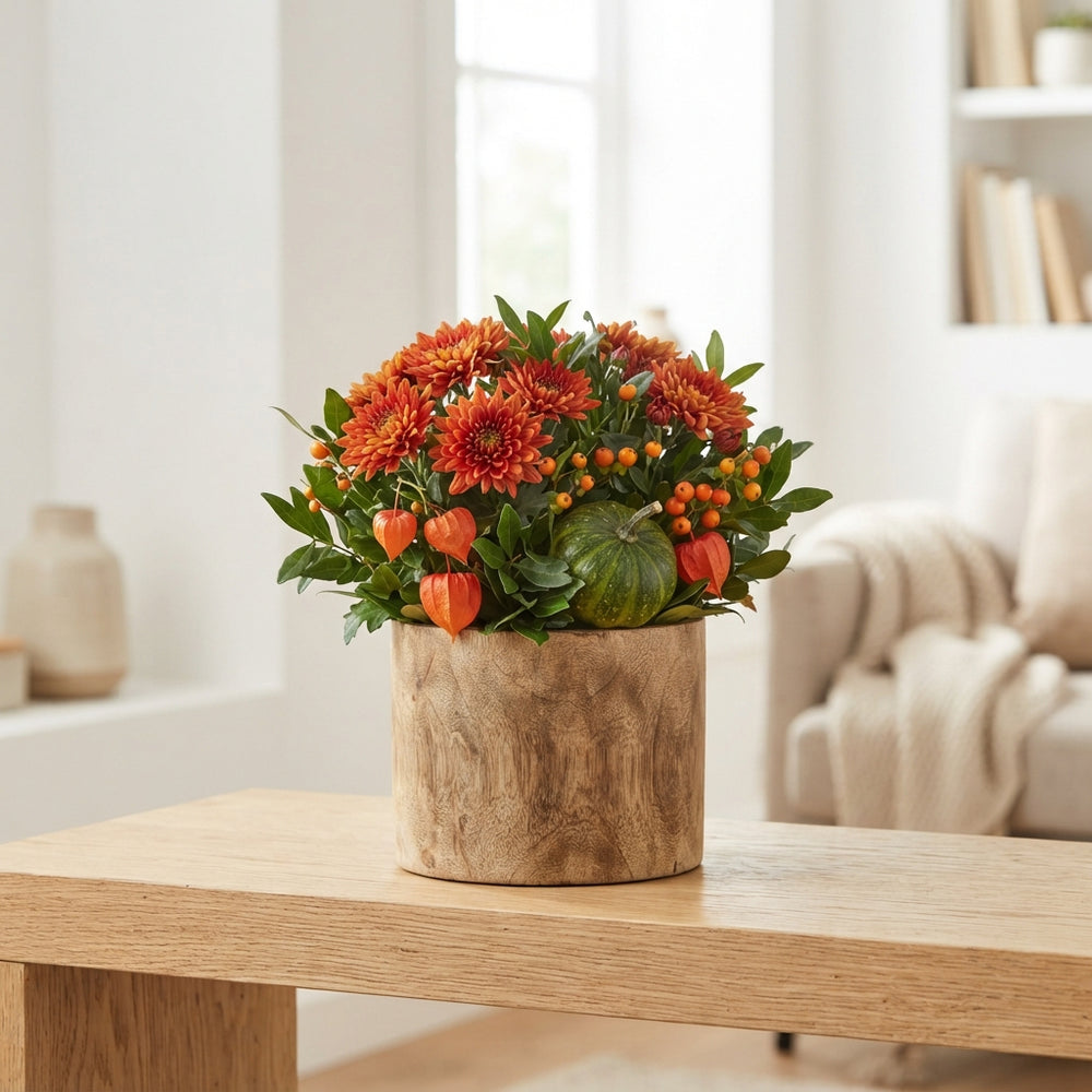 Autumn Specials Arrangement in a Wooden Pot – 27cm