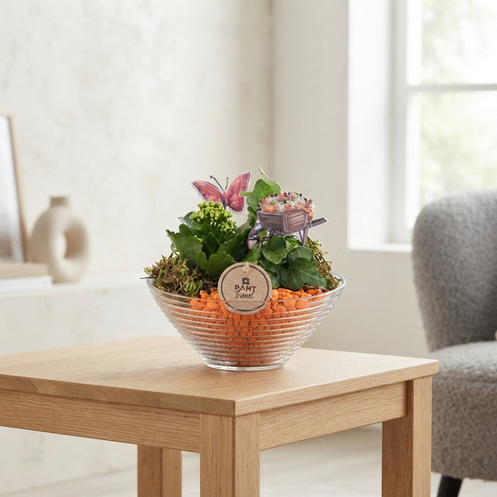 Orange and White Ribbed Glass Plant Arrangement – 18cm