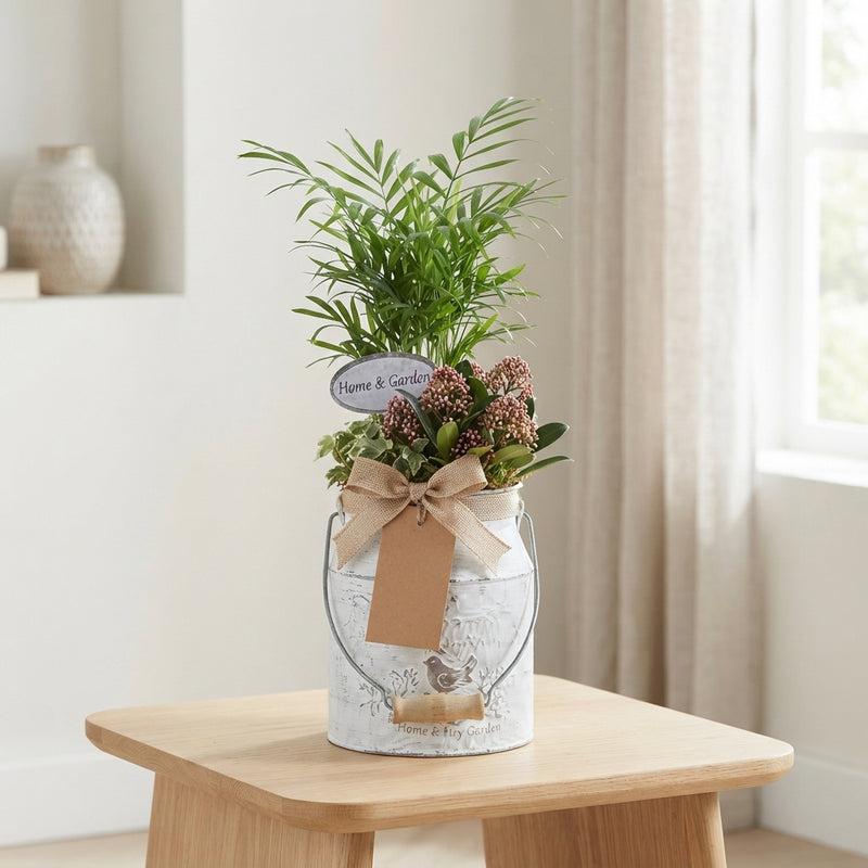 White and Pink Flower Arrangement in Zinc Milk Churn – 18cm