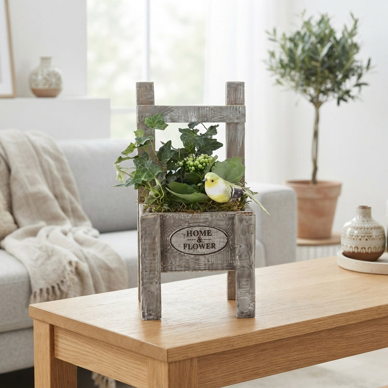 Mixed Indoor Flower Arrangement in Wooden Pot – 15cm