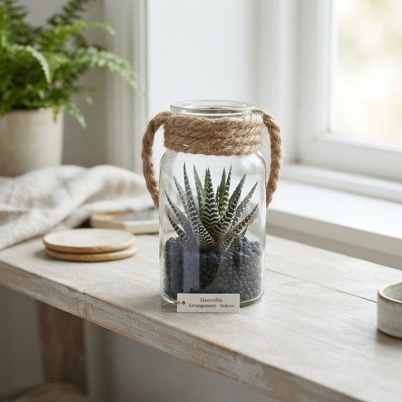 Haworthia Bottle Arrangement – 6cm Glass Pot