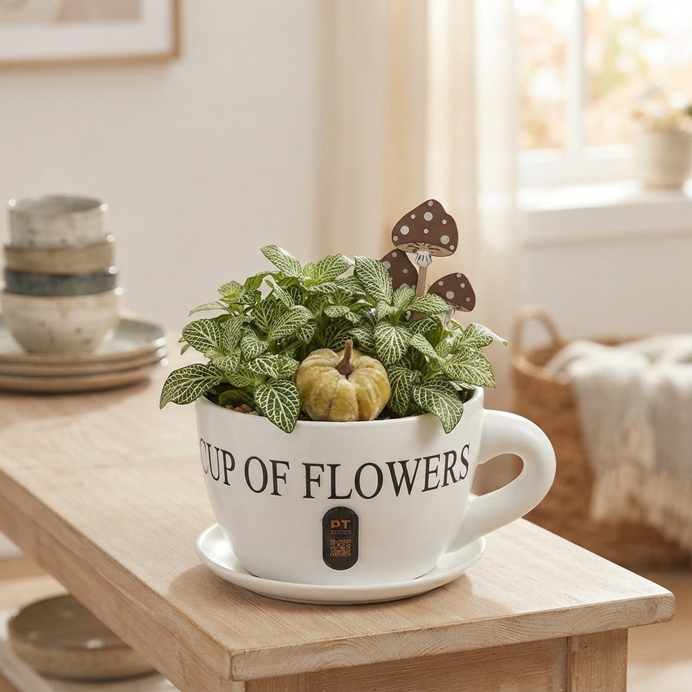 Autumn Plant Arrangement in Ceramic Cup and Saucer – 24cm