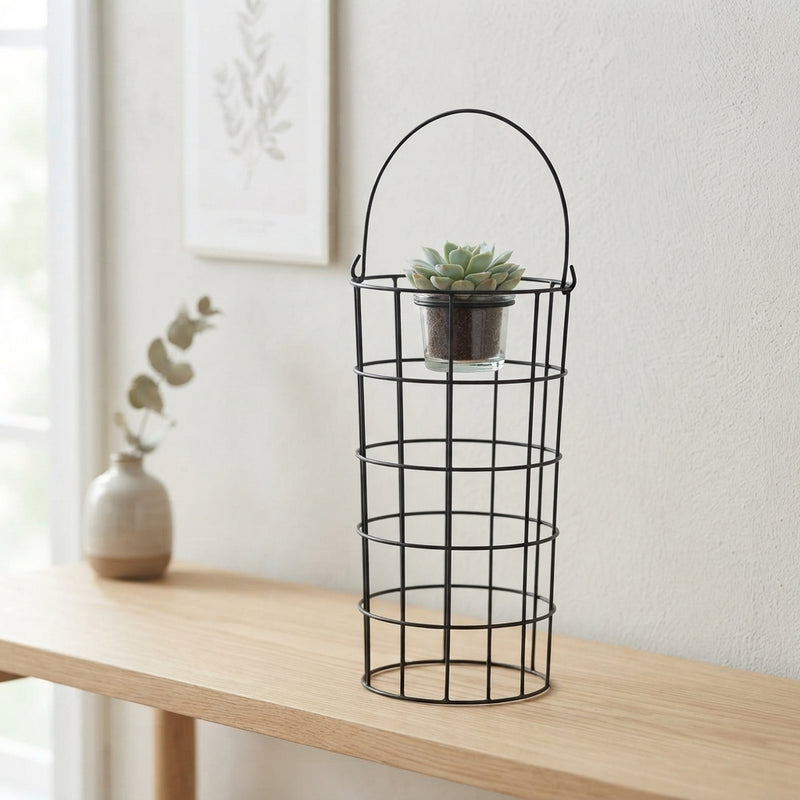 Succulent Arrangement in Metal Wire Basket with Glass – 18cm