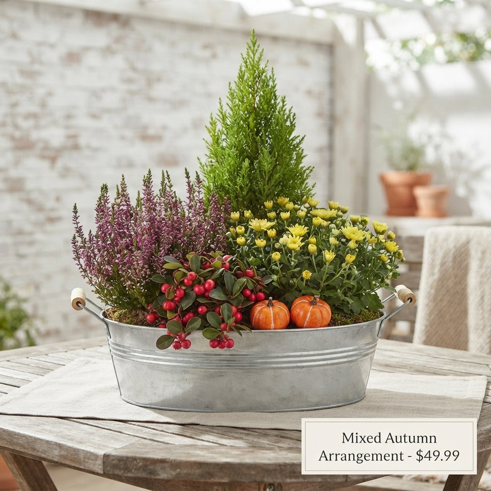 Mixed Colour Floral Arrangement in Round Zinc Pot