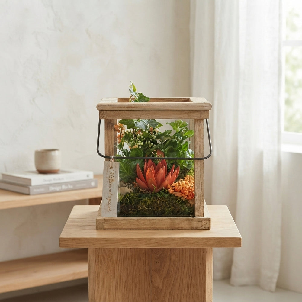 Indoor Plant Arrangement in Wooden Bowl – 20cm