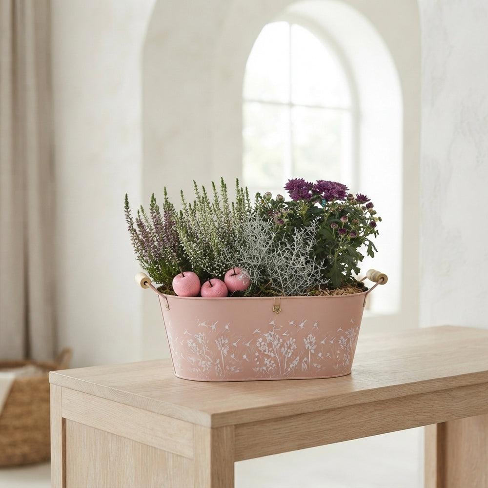 Mixed Colour Floral Arrangement in Oval Zinc Planter