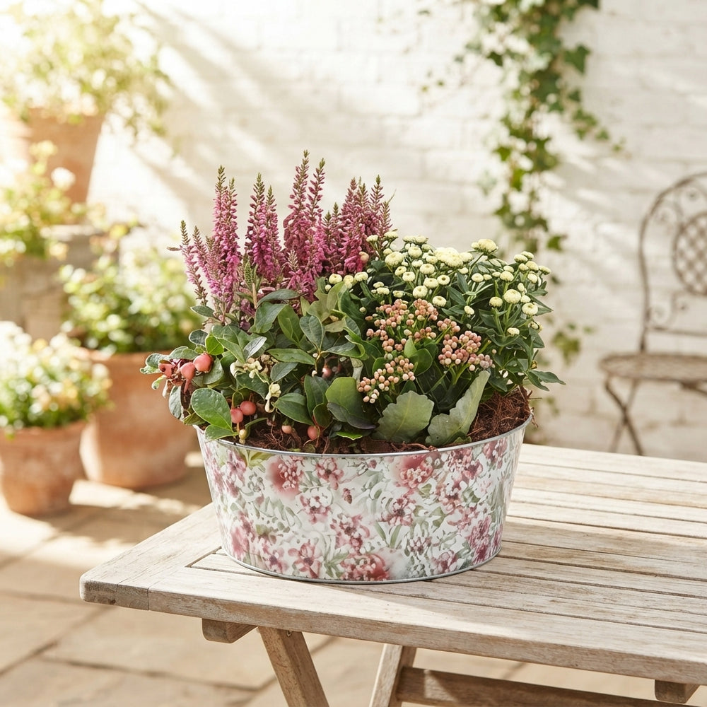 Outdoor Flower Arrangement in Round Zinc Planter – 25cm