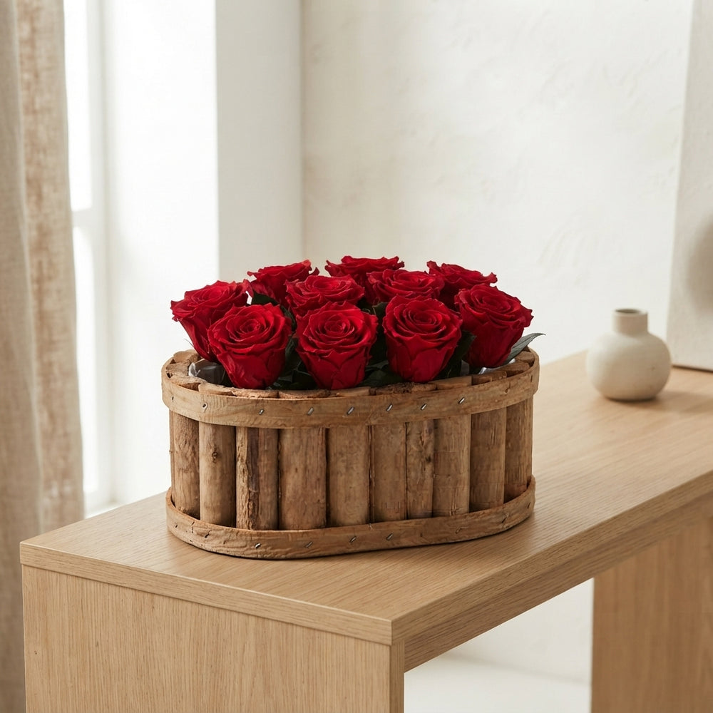 Preserved Red Roses in Oval Wood Arrangement