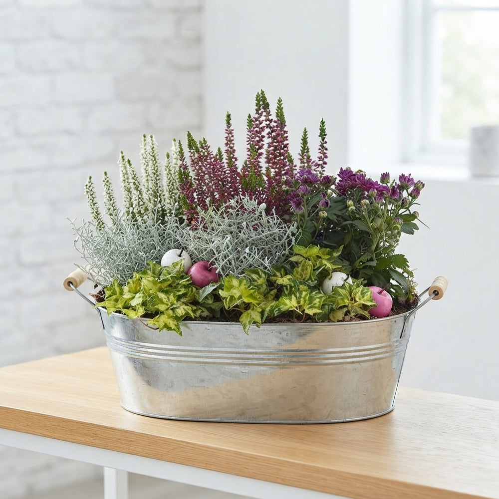 Mixed Colour Floral Arrangement in Round Zinc Pot