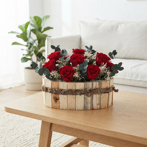 Preserved Red Roses in Wooden Boot Display