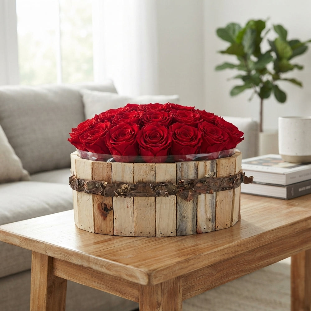 Red Preserved Rose Arrangement in Wooden Boot