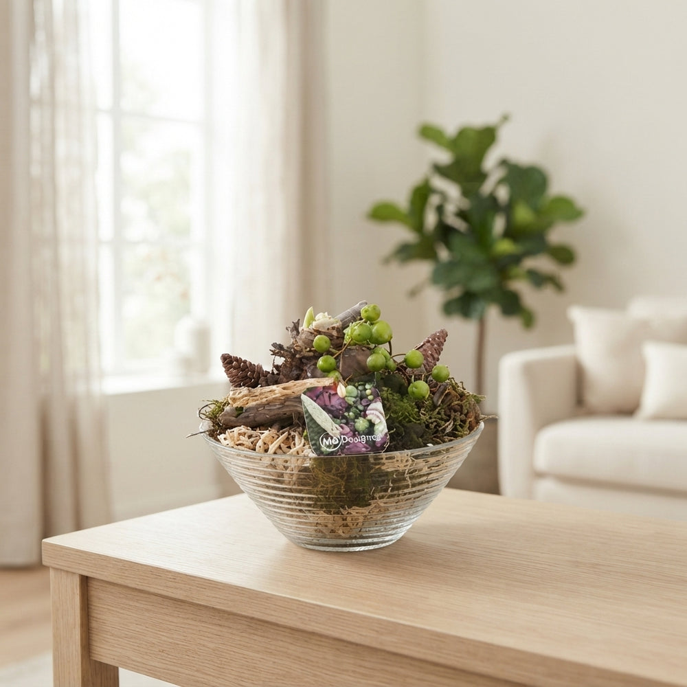 Amaryllis Arrangement in Ribbed Glass Bowl – 18cm