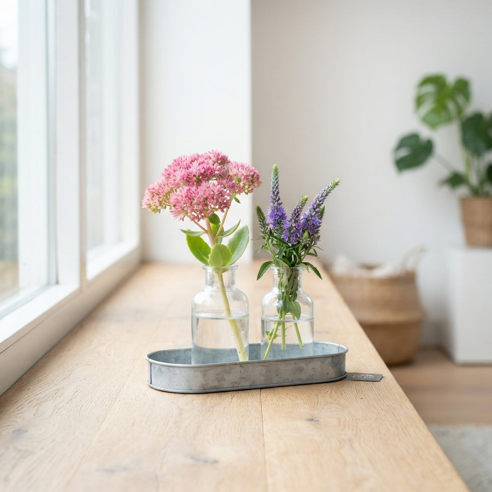 Zinc Plant Arrangement with Two Glass Bottles – 18cm