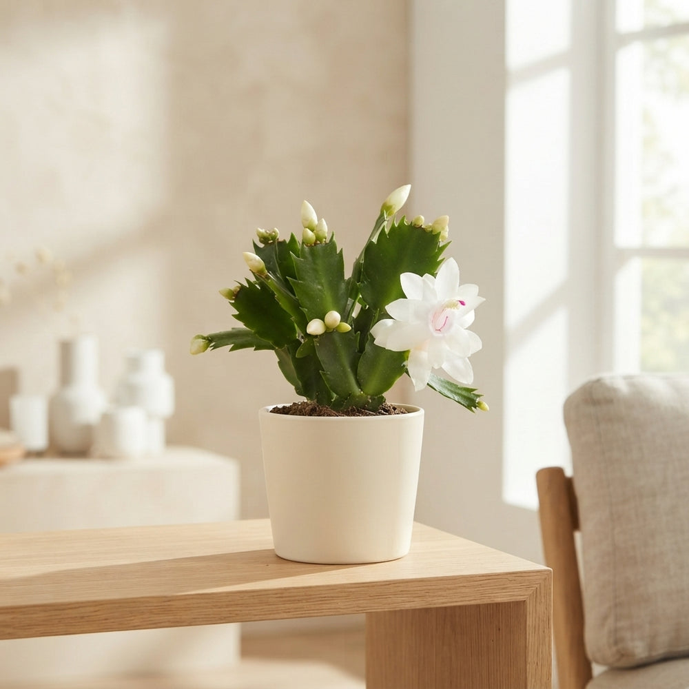 White Christmas Cactus (Schlumbergera) – 7cm Pot