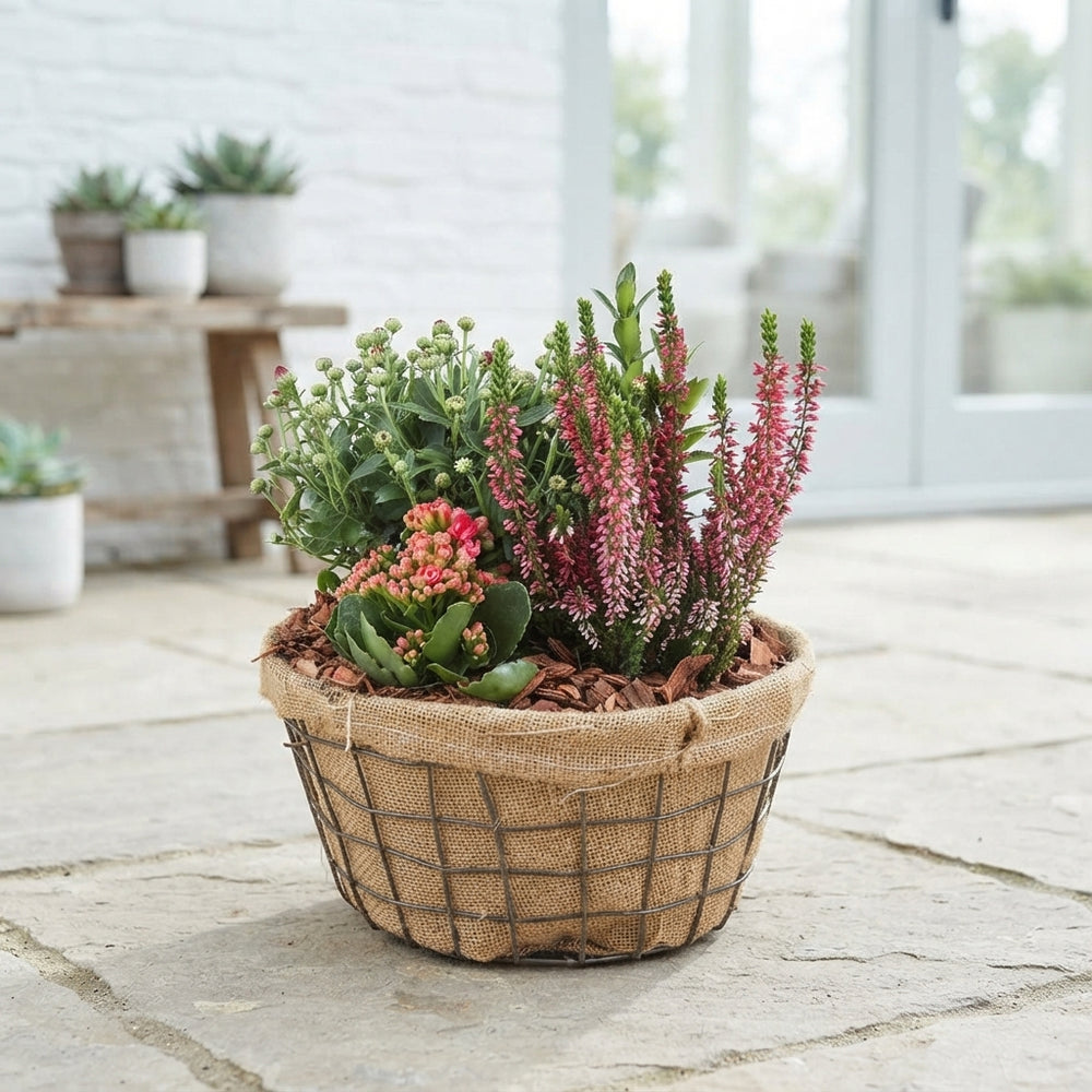 Garden Arrangement in Jute Basket – 25cm