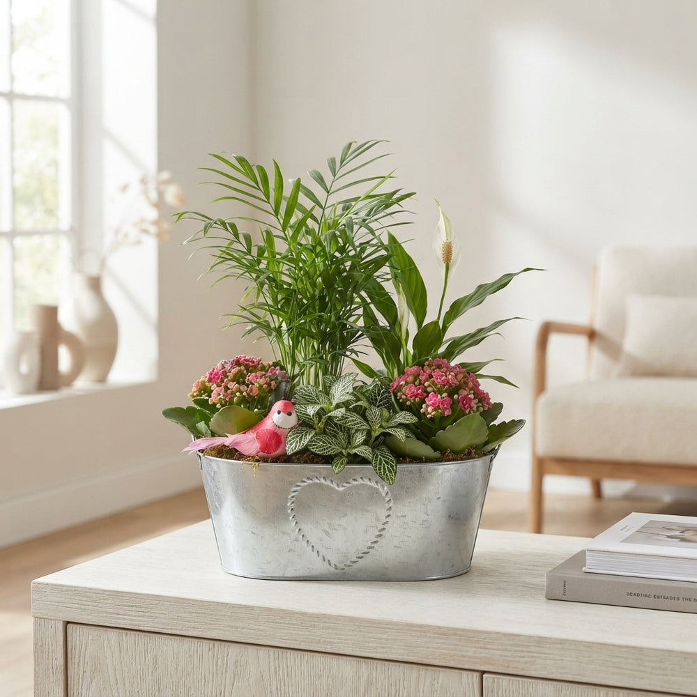 Mixed Floral Arrangement in Oval Zinc Planter