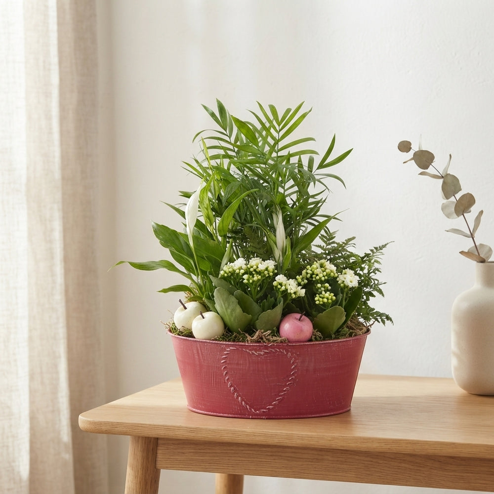 Mixed Flower Arrangement in Round Zinc Pot with Heart