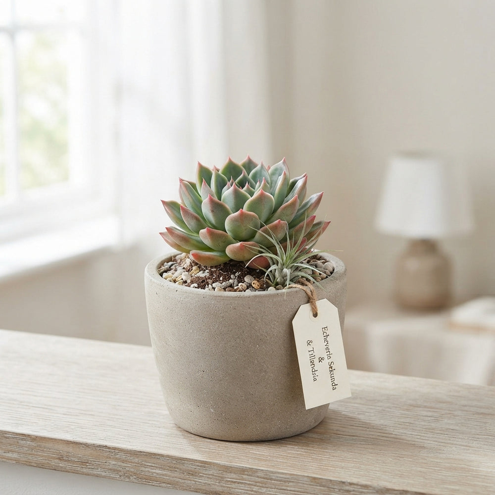 Echeveria Succulent in Stone Pot with Tillandsia