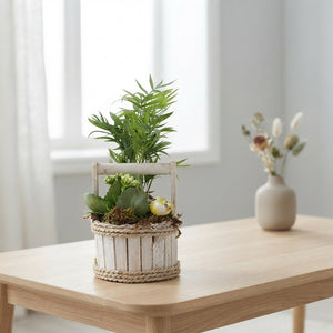 Mixed Arrangement in Round Wooden Pot – 15cm Pot