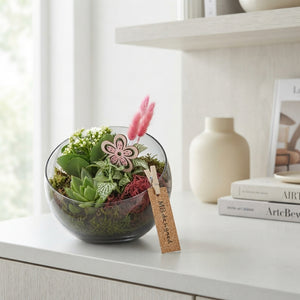 Pink and White Flower Arrangement – 18cm Glass Pot