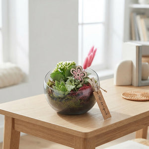 Pink and White Half-Bowl Plant Arrangement – 18cm Glass Pot