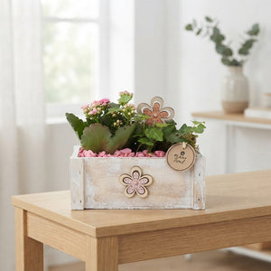 White Mixed Plant Arrangement – 20cm Wooden Pot