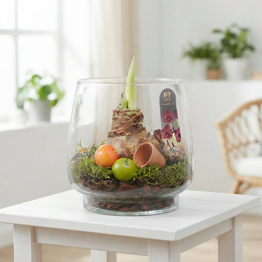 Red Flower Arrangement in Glass Vase – 16cm