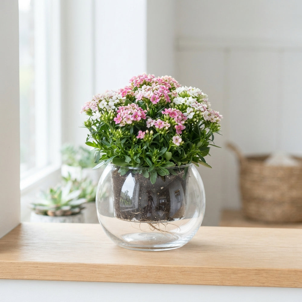 Pink and White Floral Arrangement – 18cm Glass Pot